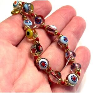 Vintage beaded bracelet colorful art glass lamp work beads mid century milifiori